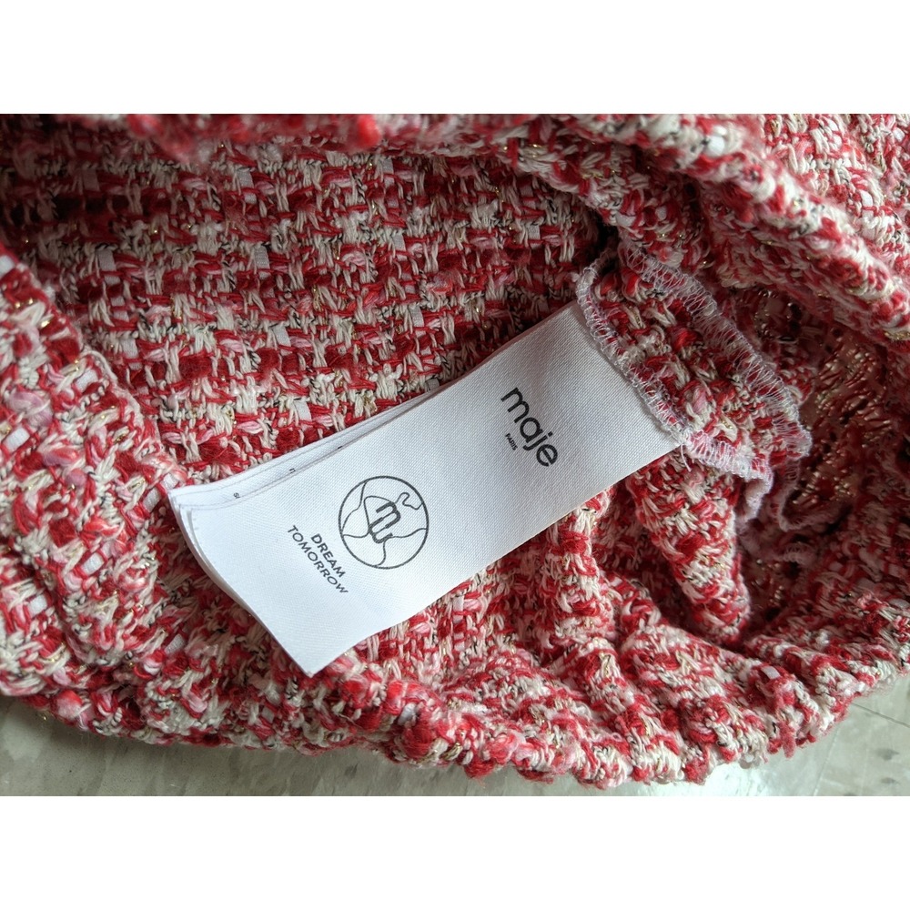 Maje Paris Red Tweed Metallic Knit Preppy Wear to Work Office Polo Crop Top Sz 1 - Picture 5 of 7